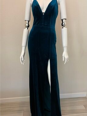 Speechless Teal Velvet Plunge V-Neck Gown with Thigh Slit